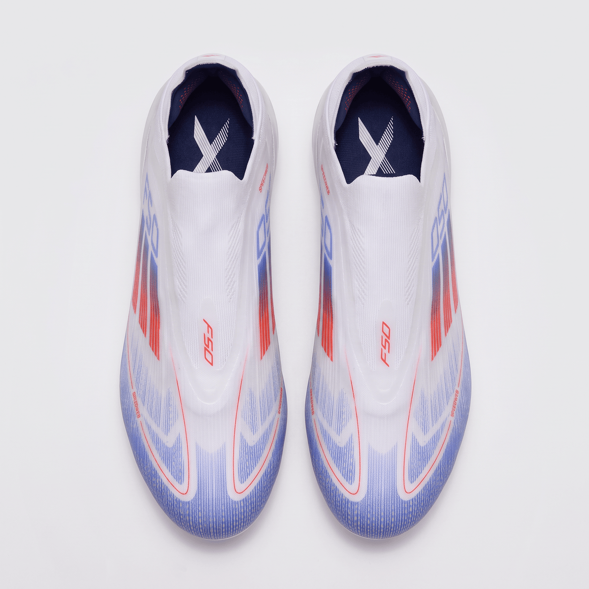 F50 Laceless FG White / Solar Red / Lucid Blue - Elite Boots
