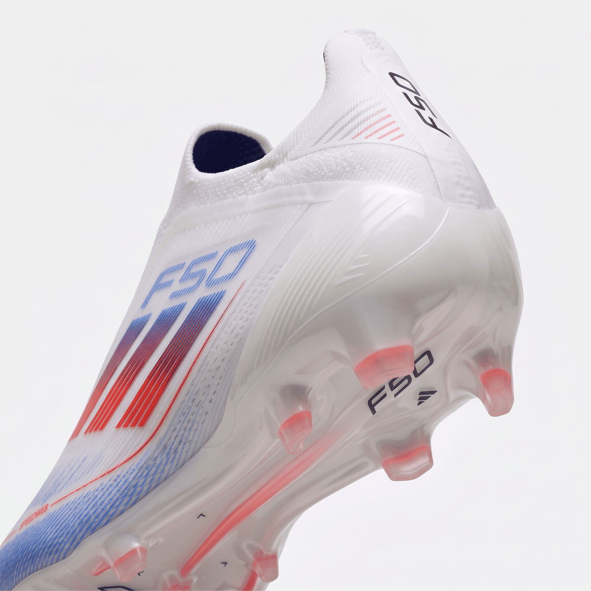 F50 Laceless FG White / Solar Red / Lucid Blue - Elite Boots