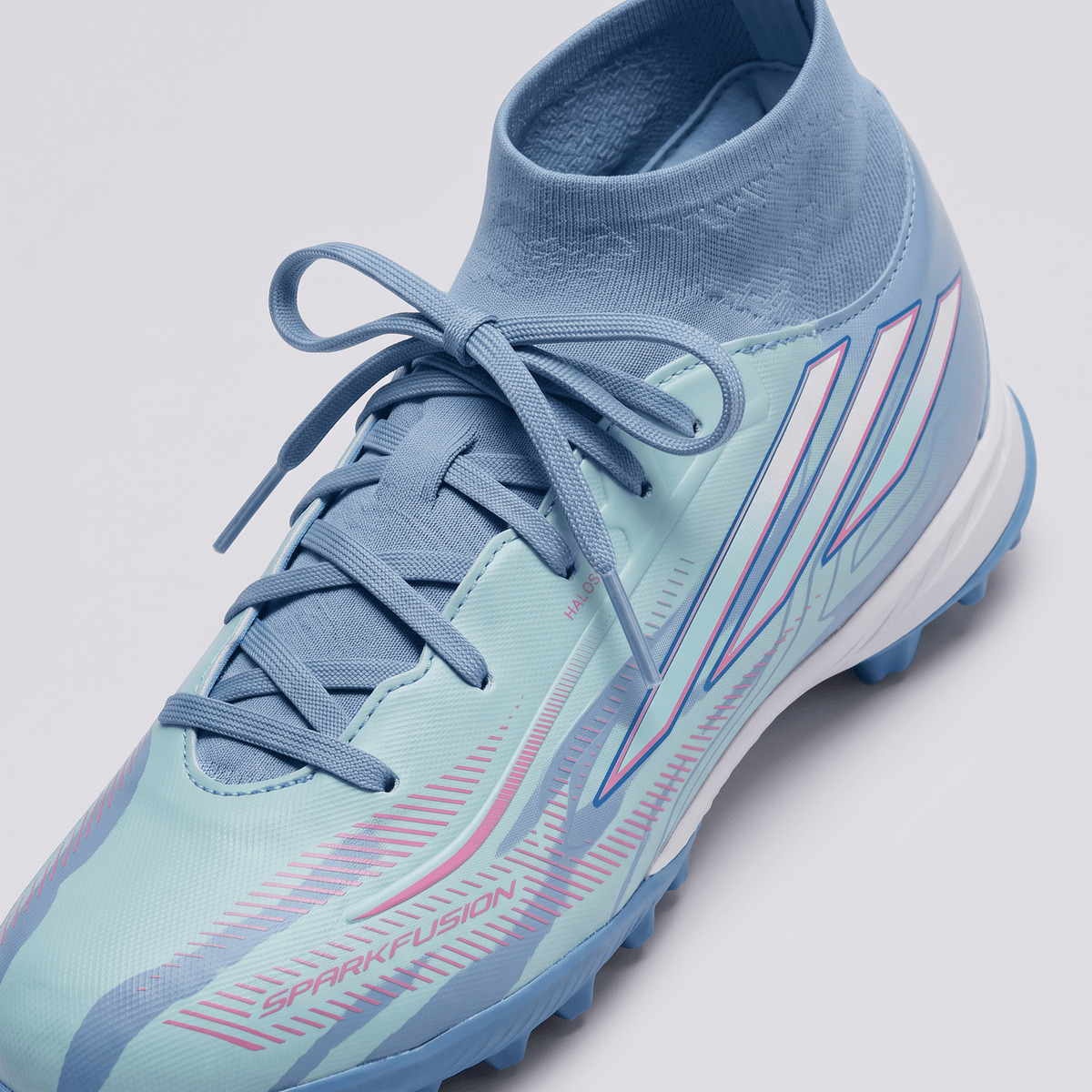 F50 Sparkfusion Club Mid Cut Turf Semi Blue Burst / White / Orchid Pink - Elite Boots