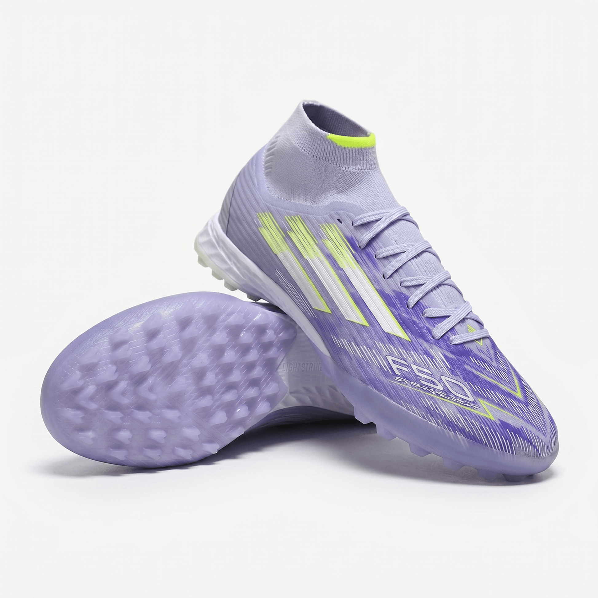 F50 League Mid Cut TF Color: Purple / Silver Metallic / Lucid Lemon - Elite Boots