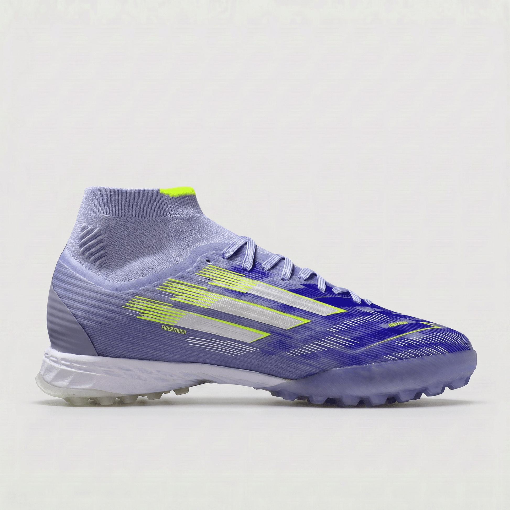 F50 League Mid Cut TF Color: Purple / Silver Metallic / Lucid Lemon - Elite Boots